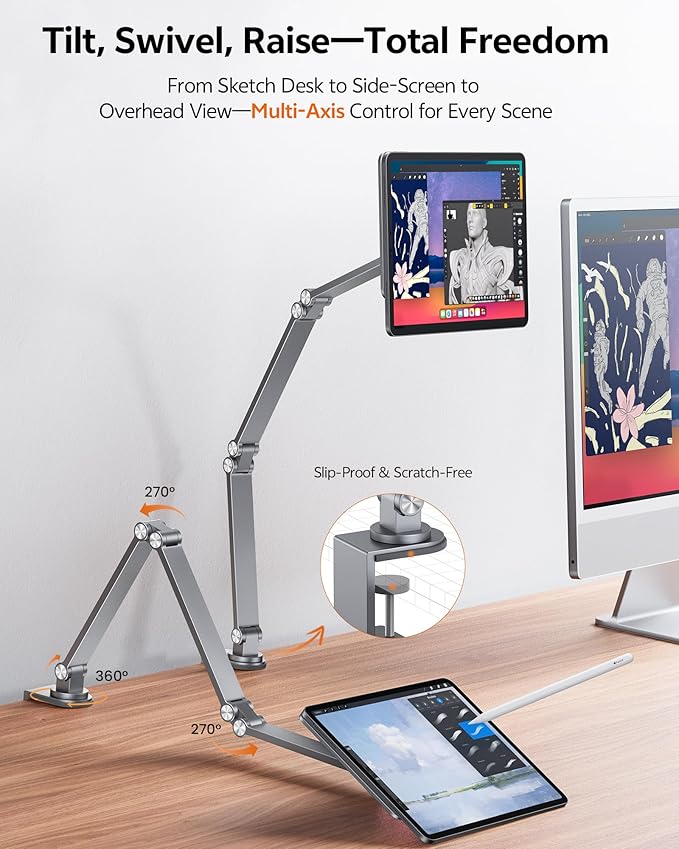 [Upgrade] Magnetic Wireless Charging Stand for iPad Pro 11" Gen1-4 / Air 11" M3/M2 / Air 10.9" Gen4-5, Rock Steady iPad Stand for Desk with Foldable Aluminum Arm, Adjustable Tablet Mount with 2M Cable