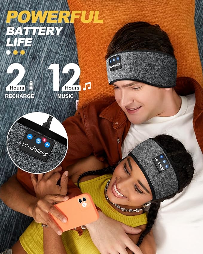 LC-dolida Sleep Headphones Bluetooth Headband Wireless Headband Headphones with Thin HD Stereo Speakers Perfect for Side Sleepers, Sport, Yoga, Travel (Fashion Grey)