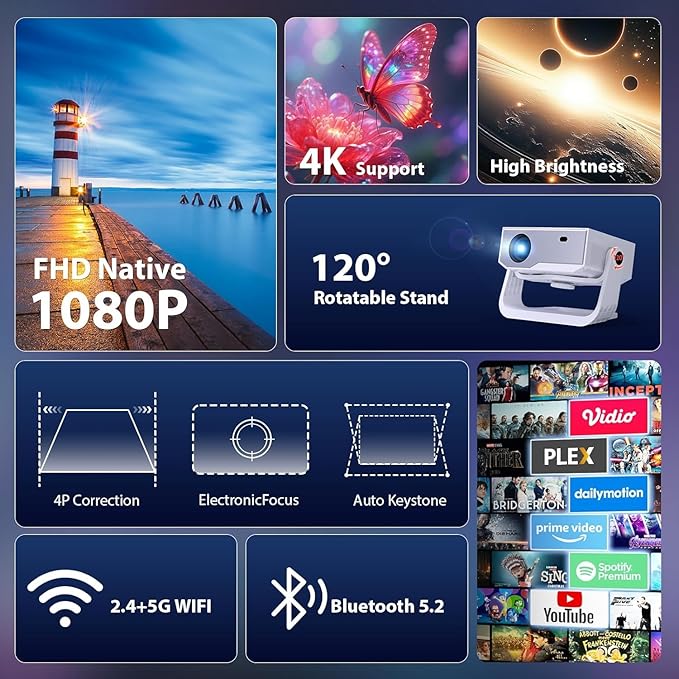 Projector with WiFi and Bluetooth, 1000+ Apps Installed, Electronic Focus & Auto Keystone, Zoom, Native 1080P 650 ANSI 20000Lumen 4K Support Portable Mini Video Projector Outdoor Indoor