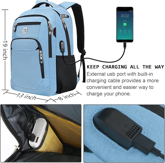 Laptop Backpack,Business Travel Anti Theft Slim Durable Laptops Backpack with USB Charging Port,Water Resistant College Computer Bag for Women & Men Fits 15.6 Inch Laptop and Notebook-Pale Blue