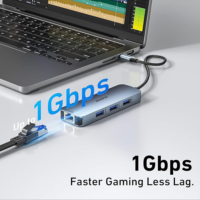 BENFEI USB C HUB 6-in-1 with HDMI(4K@60Hz), Gigabit Ethernet, 100W Power Delivery, 3*USB 3.0, Silicone Cable, Aluminum Case Compatible with iPhone 15 Pro/Max, MacBook, iPad Pro, iMac, S23, XPS17