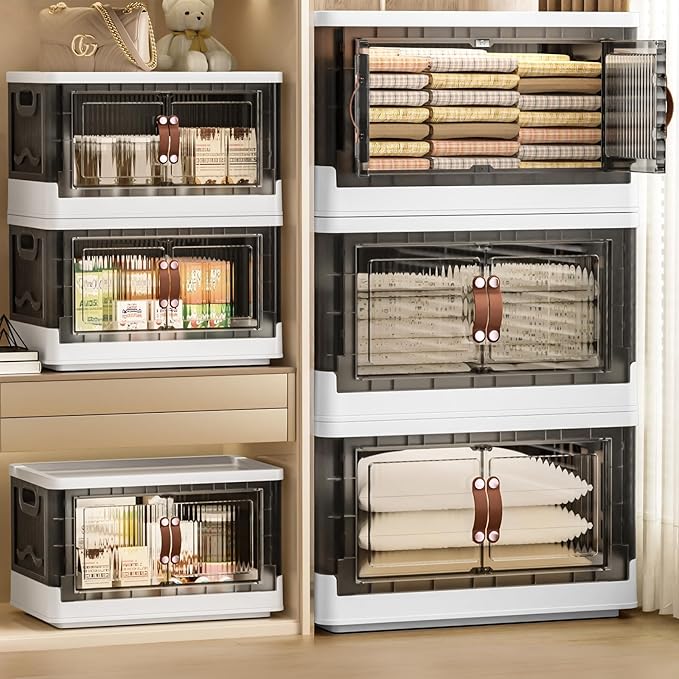 4 Tier Plastic Storage Bins with Lid 23QT, Stackable Storage Containers with Wheels, Folding Boxes, Collapsible Bins, Closet Organizers and for Living Room,Office,Dorm