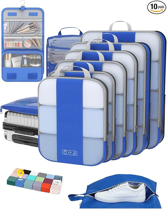 10 Set Compression Packing Cubes for Travel Essentials,Compressible Expandable Packing Cubes for Suitcase,OlarHike Luggage Organizer Bags for Travel,Handy Helper for Organizing Clothes(Klein Blue)