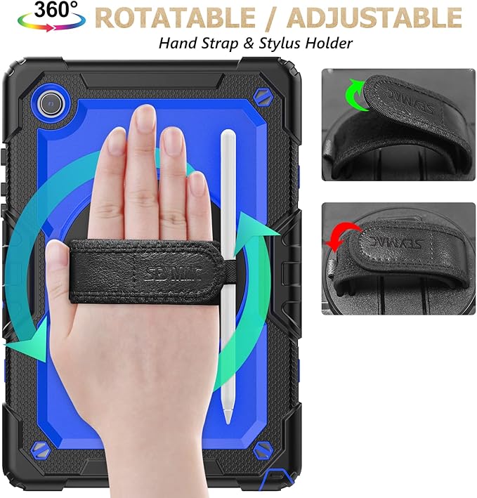 SEYMAC stock Case for Samsung Galaxy Tab A8 10.5'', Full-Body Drop Protection Case with Screen Protector Pencil Holder [360° Rotating Hand Strap] &Stand, Blue+Black