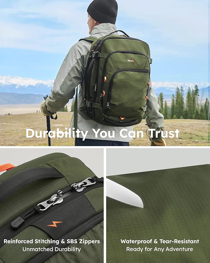 Tolaccea Travel Backpack, TSA Friendly Flight Approved Carry-on Luggage Water-resistant Business Rucksack, Durable Large Computer Bag Daypack Fits 15.6 Inch Laptop, 35-45L Expandable - Green