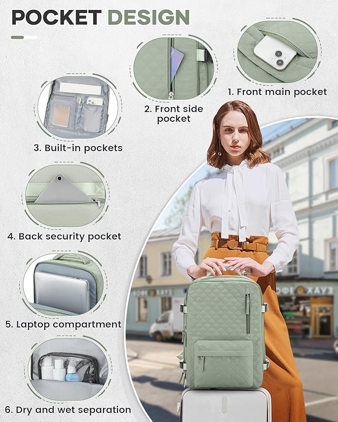 Vacuum Travel Backpack with Pump for Women,Personal Item Carry on Backpacks Flight Approved 18x14x8 inches for Men,Laptop Waterproof Work Compression bags Casual Daypack Green.