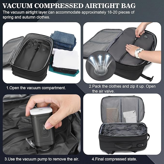 Vacuum Backpack Travel,60L Expandable Vacpack Backpack with Vacuum Pump, Water Resistant &TSA Lock, Easyvacpack Carry On Backpack Flight Approved Fits 17.3" Laptop, Grey