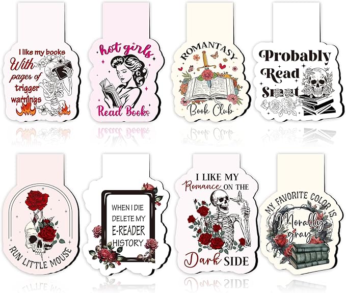 Dark Romance Magnetic Bookmark Gifts - Wxiben 8Pcs Funny Book Mark Magnets Flower Skull Bookmarks Magnetic Romance Magnets Bookmark Page Clip Gift for Women Men Book Lovers Students Teachers Reading