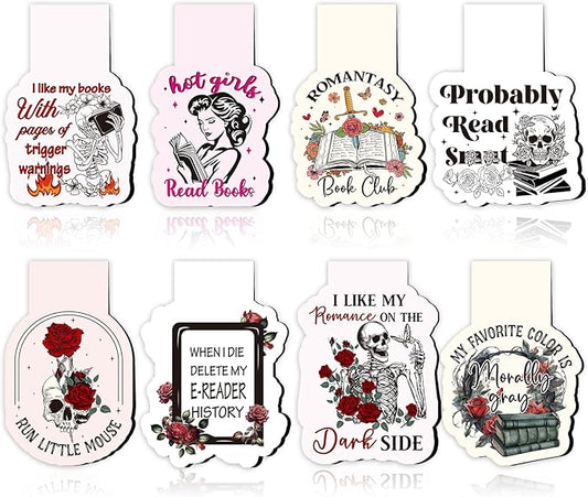 Dark Romance Magnetic Bookmark Gifts - Wxiben 8Pcs Funny Book Mark Magnets Flower Skull Bookmarks Magnetic Romance Magnets Bookmark Page Clip Gift for Women Men Book Lovers Students Teachers Reading