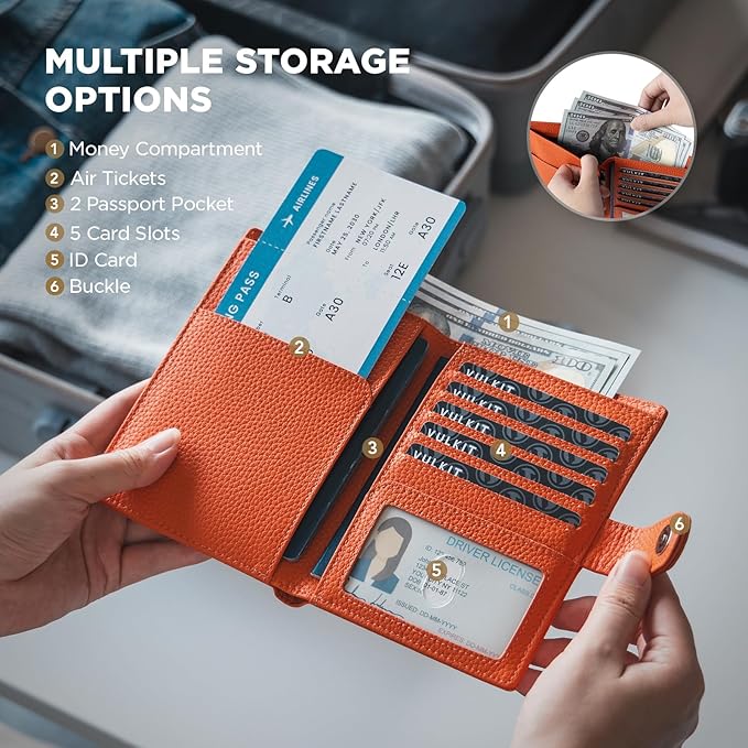 VULKIT Leather Passport Travel Wallet for 2 Passports Slim Double Passport Holder RFID Blocking with ID Window for Women or Men