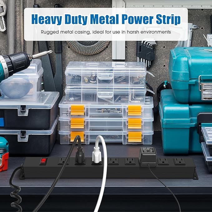 2Pack 8 Outlet Metal Wall Mount Power Strip, Mountable Outlet with Switch, Heavy Duty Wide Spaced Surge Protector, 4 FT SJT 14AWG Black Spring Cord.