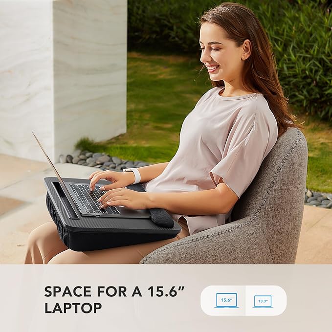 UANUO Lap Laptop Desk - Portable Lap Desk with Pillow Cushion, Fits up to 15.6 inch Laptop, with Anti-Slip Strip & Storage Function for Home Office Students Use as Computer Stand - Black