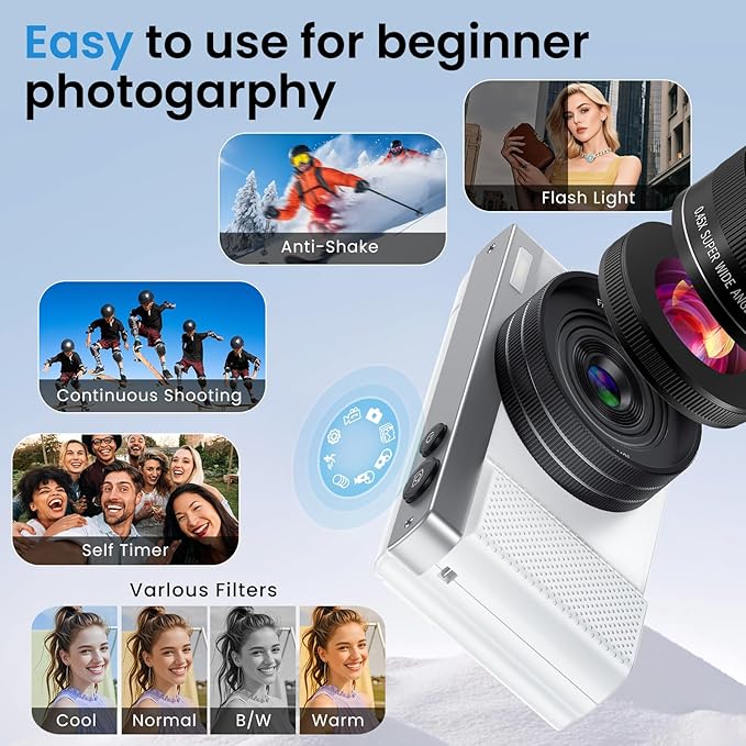 4K Digital Camera, 64MP Vlogging Camera for Photography with 3" 180° Flip Screen,Macro and Wide-Angle Lenses,16X Digital Zoom Point and Shoot Camara with 64GB Micro SD Card for Beginner, Teens