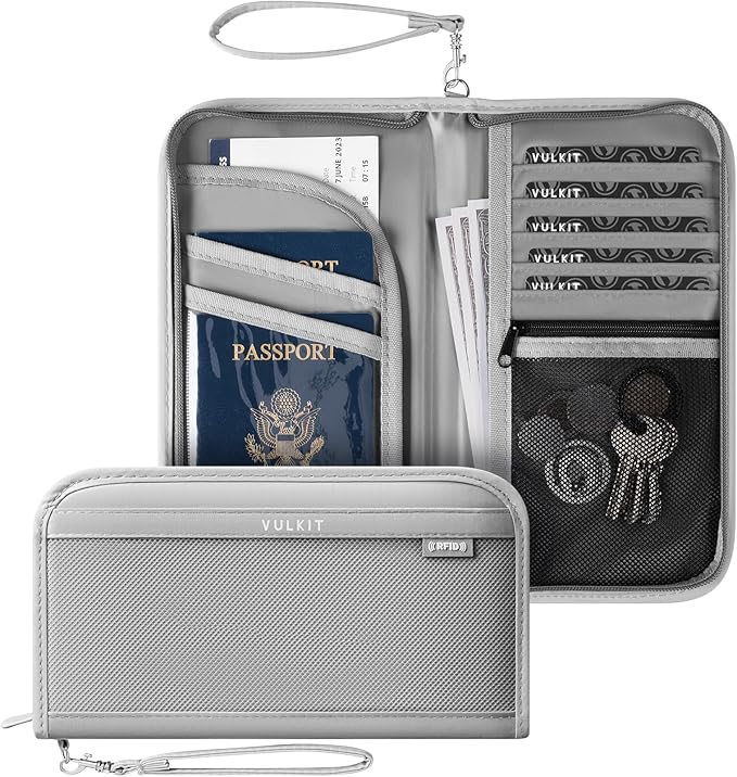 VULKIT Passport Wallet Passport Family Holder RFID Blocking Travel Card Organizer with Wrist Strap for Men or Women(Grey)