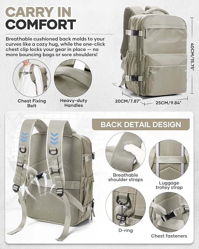 Vacuum Travel Backpack with Pump for Women, Personal Item Carry on Backpacks Flight Approved 18x14x8 inches for Men,Laptop Waterproof Work Compression bags Casual Daypack GreyBrown.