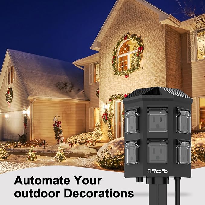 Outdoor Power Strip with 60 FT Extension Cord, 100FT Remote Control, Dusk to Dawn Light Timer Waterproof, 6 Grounded Outlets for Yard, Pool and Garden, ETL Listed