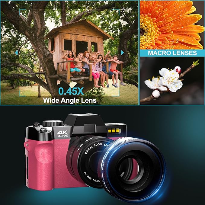 Digital Cameras for Photography with WiFi&App Control, Ture 4K&48MP Vlogging Camera for YouTube,Compact,16X Zoom Autofocus, Anti-Shake for Entry-Level User, Beginners, Macro&Wide Lens-32GB Card (Pink)
