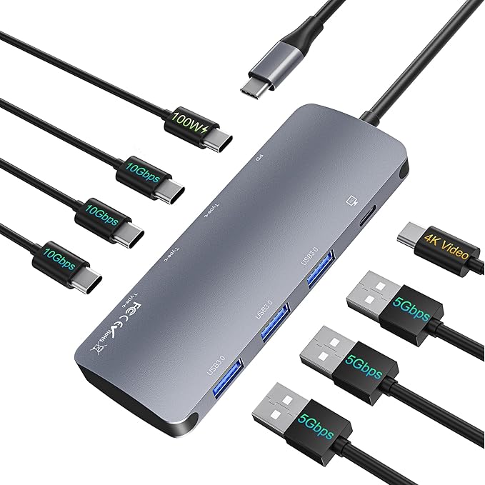 USB C Hub 10Gbps, USB C Splitter with 4K@60Hz Video Output, 100W Power Delivery Charging, Data Transfer, USB4 Hub Multiport Adapter for MacBook Pro/Air, iPad Pro, Mac mini and More Type C Devices