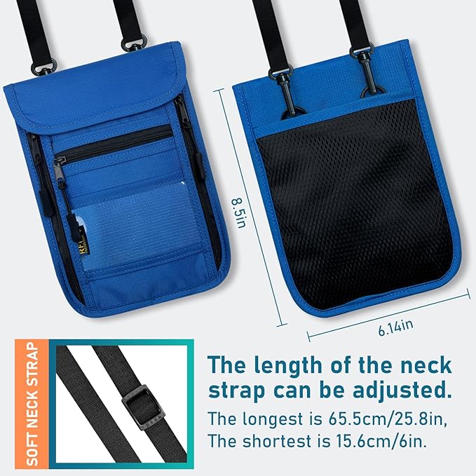 sundee Travel Neck Wallet with Double Zippers, RFID Blocking Passport Holder with Adjustable Neck Strap for Men and Women to Keep Cash, Credit Cards and Travel Documents Safe - Dark Blue