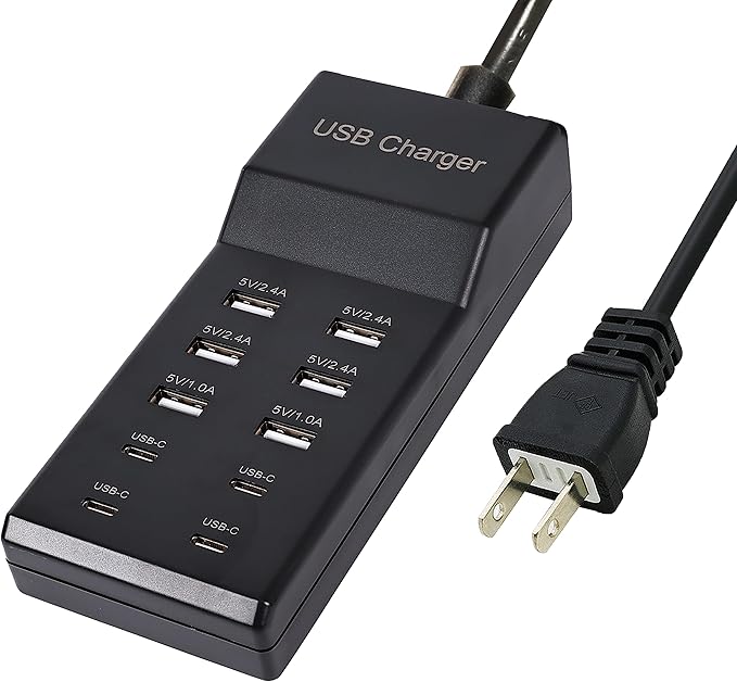 USB Charger,50W USB Charging Station with 10-Port (6 USB-A Port & 4 USB-C Port) Compatible with iPhone 15/14/13/12/11/X/8/7/6 Phones, Watch,Tablets, Smartphones Black