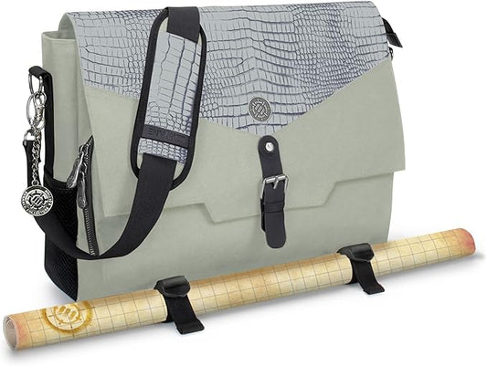 ENHANCE Collector's Edition RPG Player's Essentials DnD Bag - Dragon Hide Exterior Messenger Bag Fits 2-4 Books, Binders, Dice & Accessories, with 17 inch Laptop Slot, Battlemap Straps (Dragon Silver)