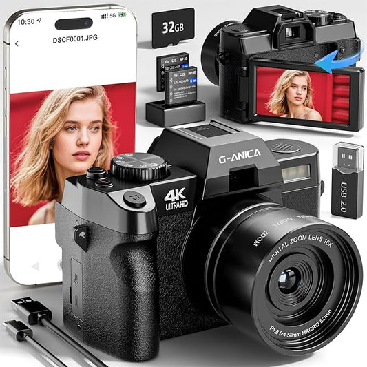 Digital Camera for Photography，TURE 4K&48MP，WiFi, 16X Zoom Autofocus, Anti-Shake, 3" 180° Flip Screen, Vlogging Camera for YouTube Travel,Point and Shoot Camara with 32GB TF Card (2 Batteries)