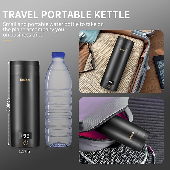 Sekaer Travel Electric Tea Kettle Portable Small Mini Coffee Kettle, with 4 Variable Presets, Personal Hot Water Boiler 304 Stainless Steel with Auto Shut-Off & Boil Dry Protection, SY-618B