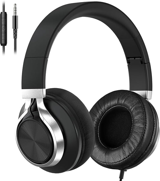 Over Ear Headphones Wired with Microphone - Noise Isolating Corded Headphones with Protein Leather Ear Cushions for Teens Adults,Fordable Head phones with Golded 3.5 mm Jack for Laptop (Black)