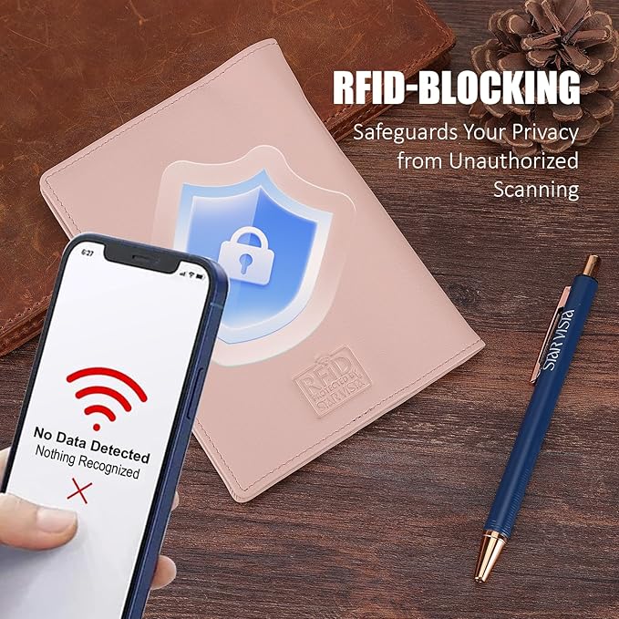 STAR VISTA Phoenix Leather Passport Holder, Calfskin Leather Travel Wallet - RFID Blocking, ID Window, Zipper Pocket, Pen & Notebook Included, AirTag Holder, Pale Pink