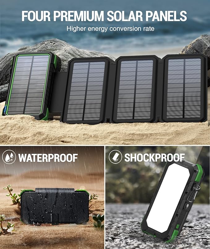 BLAVOR Solar Charger Power Bank, PD 18W Fast Charging 20000mAh Battery Pack with 4 Foldable Panels, Portable Solar Powered USB C Charger with Camping Flashlight Compass Carabiner for Cell Phone