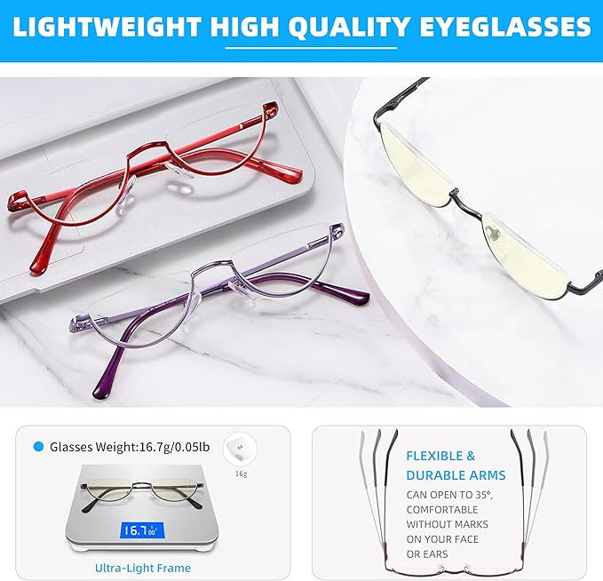 Half Lens Reading Glasses Blue Light Blocking, Half Moon Frame Semi Rim Spring Hinge Readers with Case for Men Women Black/Red/Purple 3 Pack +1.75