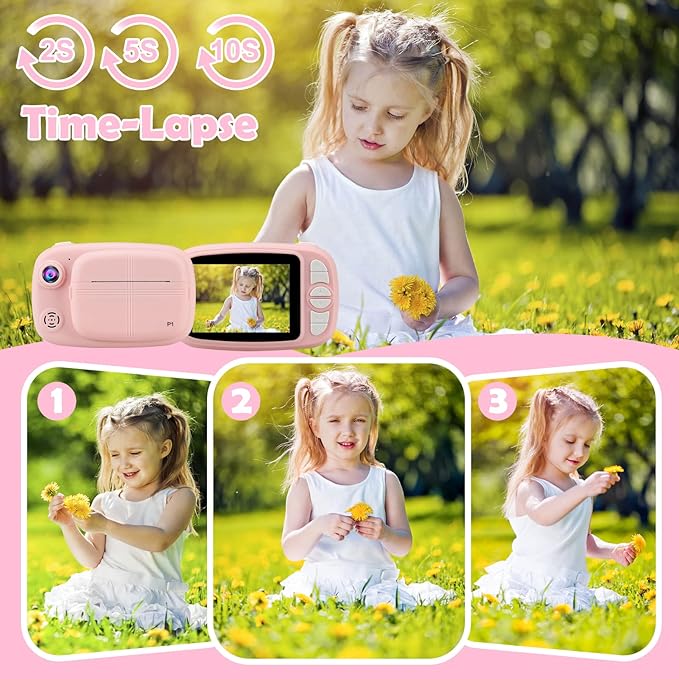 Kids Instant Camera, Mijiaowatch 12MP/1080P Kids Digital Print Camera, 3.5 Inch Print Cameras for Kids with Print Paper 32GB TF Card, Video Photo Recorder 3 in 1 Gift for Girls Boys Ages 3-14 (Pink)