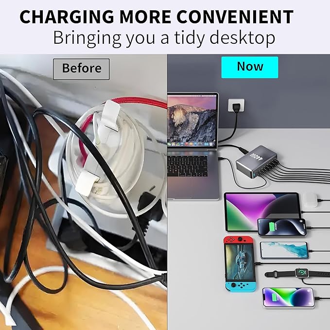 440W Charging Station for Multiple Devices,USB C 8-Port Multi GaN Adapter Block, Charging Station Hub, Fast Charging USB C Charger Block for MacBook Pro/Air/iPad, Samsung, iPhone, Home Office Use