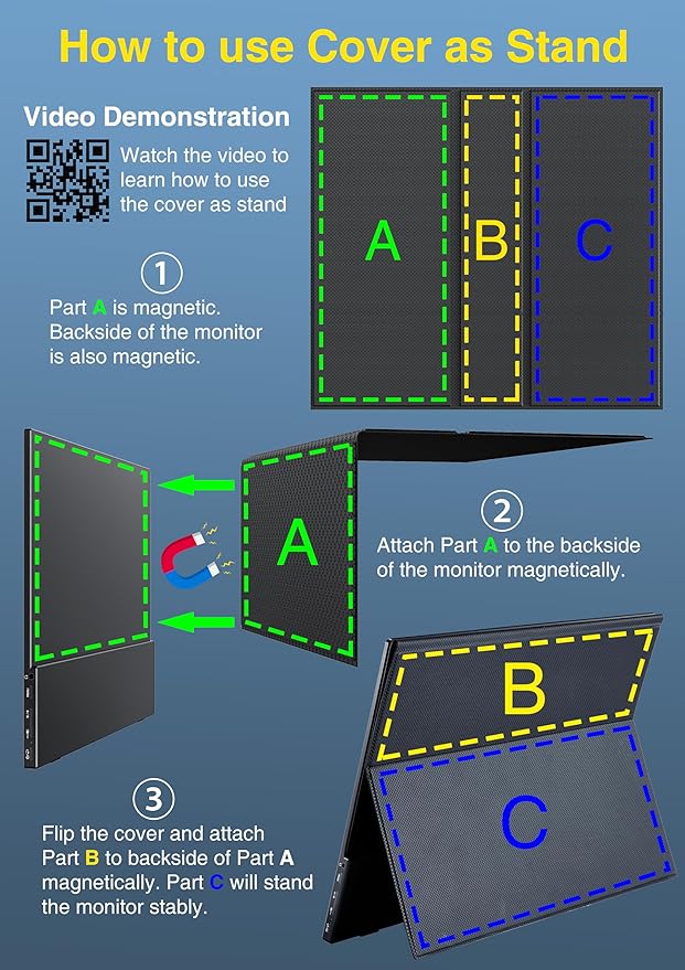 cocopar Portable Monitor 15.6 Inch 1080P Travel Monitor with Speaker HDMI USB-C External Display for Laptop MacBook Surface PC Xbox PS4/5, with Cover Stand VESA