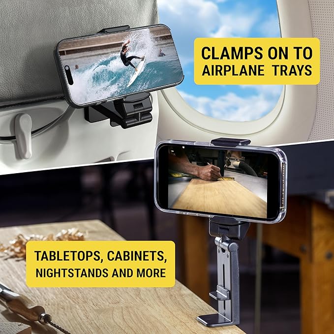Scosche SUHTRVL-1 Airplane Travel Essentials Plane Phone Holder Mount for Long Flight, Foldable Cell Phone Stand for Desk, Seat Back, Tray Table or Tripod Compatible with Apple iPhone, Samsung Galaxy