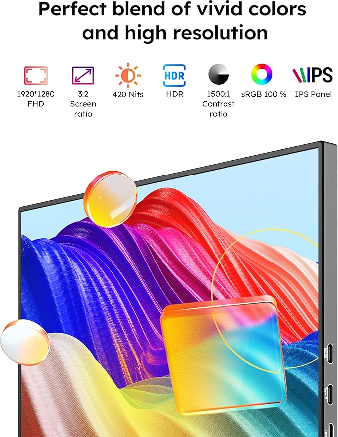 Portable Monitor,10.5" HDR 1280P Ultra-Thin 100% sRGB Travel Portable Monitor for Laptop, 420 Nits Mini Secondary Display with Protective Case & Speaker, Monitors for Laptop, PC Mac Phone PS4/5 Xbox