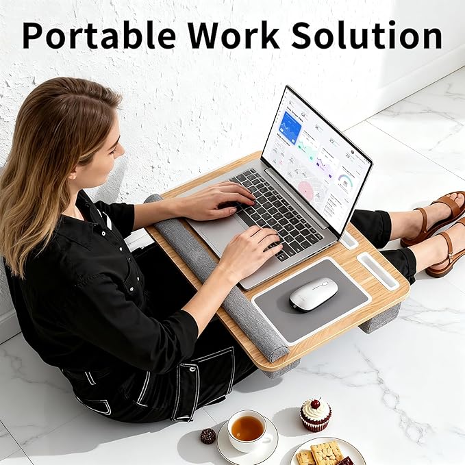 Home Office Lap Desk with Wrist Rest Wrist Rest, Mouse Pad, and Phone Holder Large Laptop Bed Desk for Notebook, Laptop, Tablet, Lap Stand Fits Up to 17 Inch Laptops (Woodgrain)