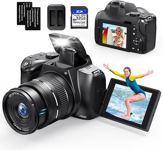 4K Digital Cameras for Photography, 12X Optical Zoom 72MP Vlogging Camera for YouTube with 270°Flip Screen, Autofocus & Anti-Shake Cameras, Wi-Fi & App-Controlled 4K Camera, 2 Batteries, 32GB SD Card