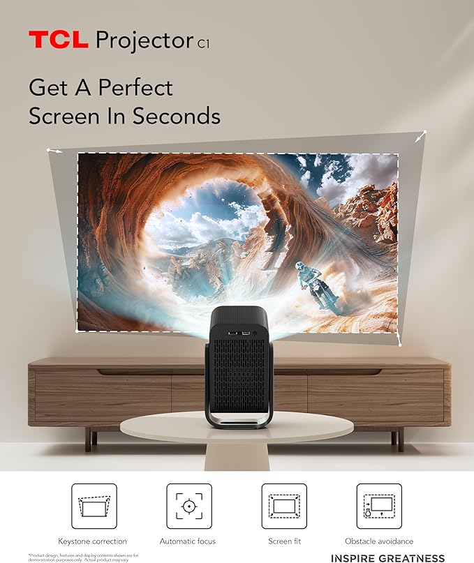 TCL C1 GTV Portable Projector, Native 1080P, Built-in Gimbal, Netflix Officially Licensed, WIFI and Bluetooth, 30,000-Hour Life, Auto Focus, 8W Dolby Digital Audio, 120'' Screen, Ceiling Projection