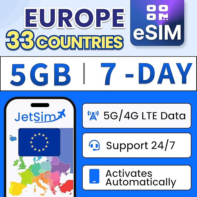 Europe Travel eSIM | 7-Day Plan | 5GB High-Speed Data + Unlimited Basic Data | SIM Card for France, Italy, Germany, Portugal & More | Prepaid Digital SIM Card