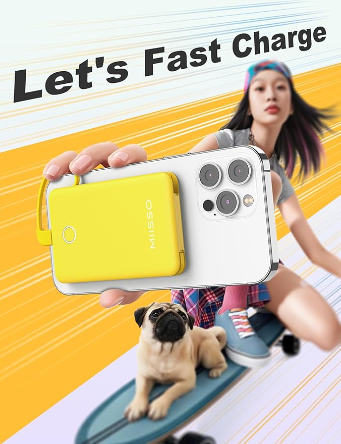 6000mah Ultra Slim Built in Cables Power Bank, Card Size Built in USB C Cords Battery Pack Portable Charger for Phones, 3 Output External Battery Pack Compatible with iPhone, Samsung, Google, Yellow