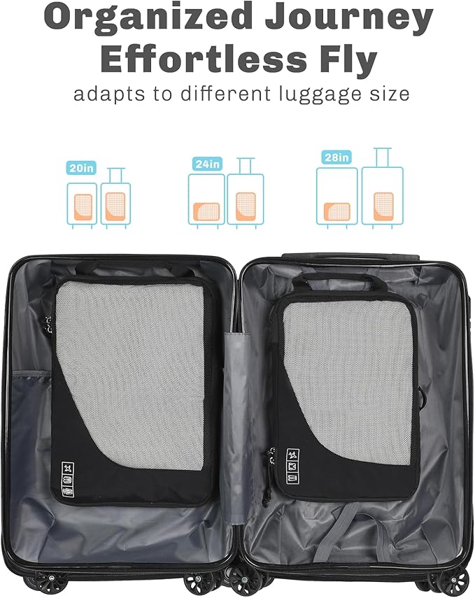 Hynes Eagle 6 Set/ 4 Set/ 2 Set Compression Packing Cubes Travel Essentials Lightweight Nylon Luggage Suitcase Organizer Bag Black 2PCS