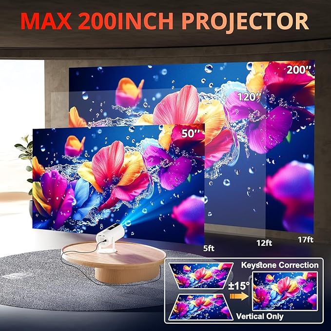 Projector with WIFI and Bluetooth, Auto Keystone 180ANSI Native 1080P Outdoor Movie Portable Projector Compatible with Smartphone, HDMI, USB, AV, TV Stick, PS5 for Home, Bedroom, Outdoor Use