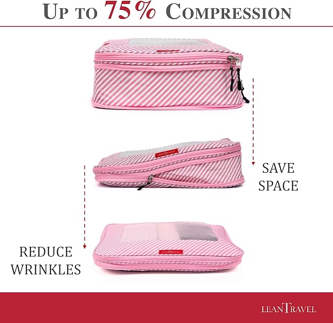 LeanTravel Compression Packing Cubes for Travel Organizers with Double Zipper (6-Pack (2L+2M+2S), Pink Stripes)