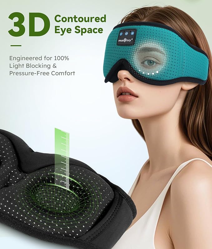MUSICOZY Sleep Headphones Breathable Bluetooth Headband 3D Sleeping Headphones, Wireless Music Eye Mask Sleep Earbuds for Side Sleeper Women,Men Office Air Travel Cool Tech Gadgets Unique Gifts Green