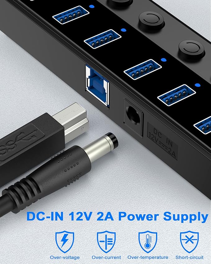 Qeefun Powered USB Hub, 7-Port USB 3.0 Data Extender with Individual LED On/Off Switches and 12V/2A Power Support Port, USB Splitter Expander for Laptop, Desktop PC, iMac and More