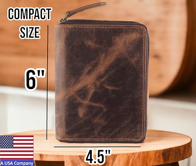 Passport Wallet - Travel Document Holder w/RFID Blocking – Full Grain Leather – Bifold compact zip around Wallet with Credit Card Slots for Women and Men,distressed brown,500-30