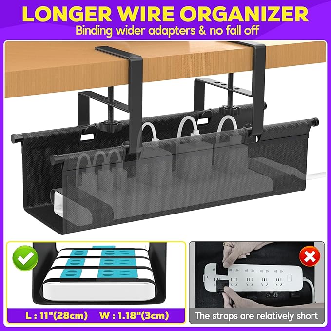 Under Desk Cable Management Tray, REFLYING 14.6" Cable Management Under Desk No Drill,Adjustable Clamp Cord Wire Organizer, Cord Hider for Standing Table, Wire Hider for Office,Home (Small)
