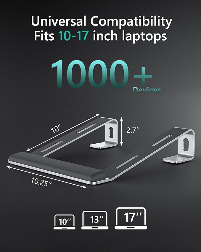Aluminum Laptop Stand, Notebook Stand with Wrist Rest, Ergonomic Detachable Laptop Mount, Computer Stand Compatible with 10-17'' All Laptops Such as MacBook Air Pro/HP/Dell/Lenovo, Silver