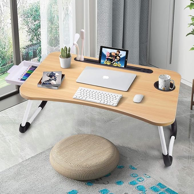 Slendor Lap Desk with Tablet Slot, Foldable Laptop Table with Storage Drawer for Bed，Portable Bed Desk for Laptop, Computer Tray with Cup Holder Notebook Stand Reading Holder for Couch Floor, Walnut